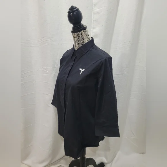 Tesla Women's button down dress shirt tapered Med 3/4 sleeve Black Sz Large - Picture 5 of 7